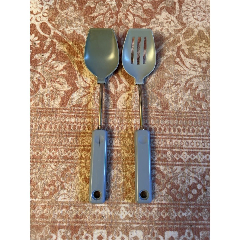 VTG Ekco Nylon Slotted Serving Spoon & Regular Spoon Blue Plastic Handle & Head